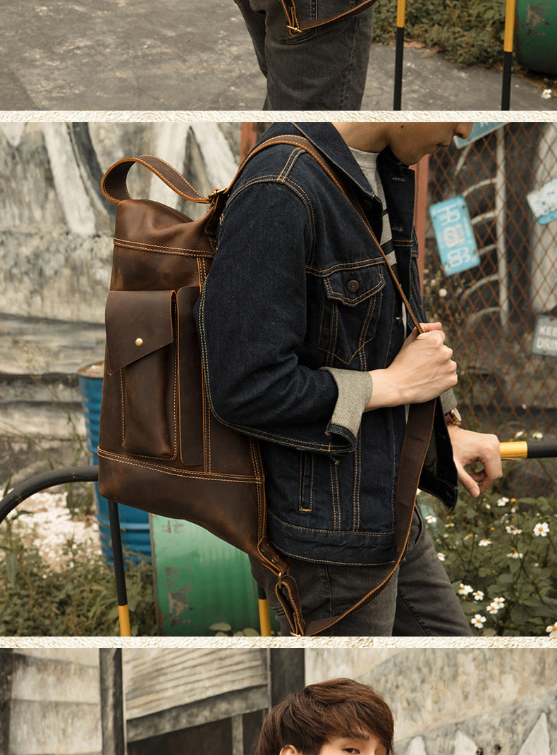 Men's Crossbody Bag Cow Leather Crazy Horse Handmade Retro Unique Fashion Multifunctional Shoulder Bag