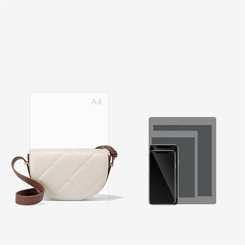 Cowhide women bag luxury plaid crossbody bag saddle bag genuine leather semicircle broadband shoulder bag.Pochette