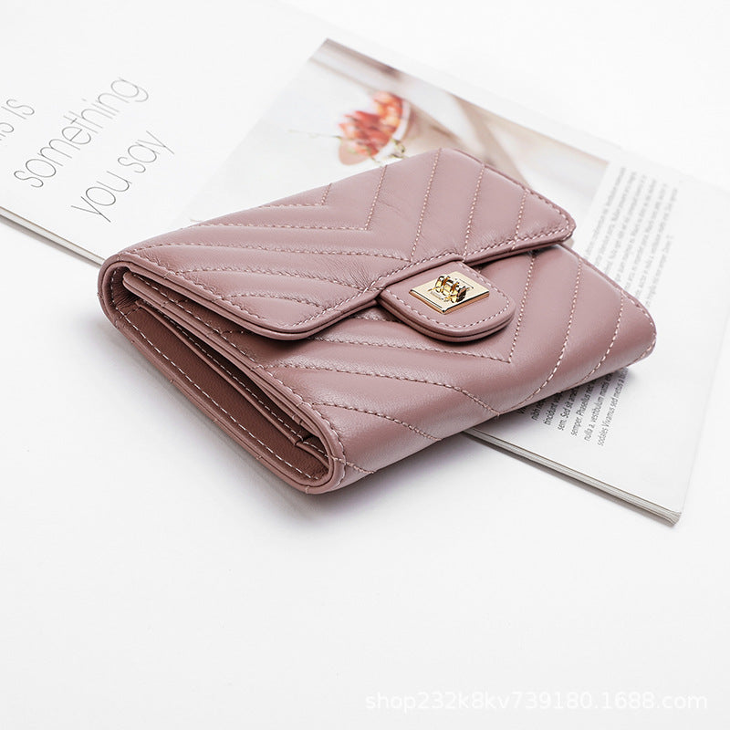 Sheep leather women's wallet stylish tri-fold wallet simple V size check coin purse high quality
