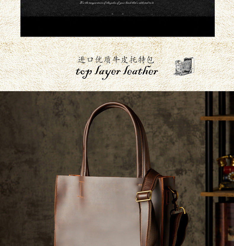 Men's Handbag Handmade Cowhide Genuine Leather Crazy Horse Handbag Business Commuter Retro Crossbody Bag Shoulder Bag Men's Briefcase