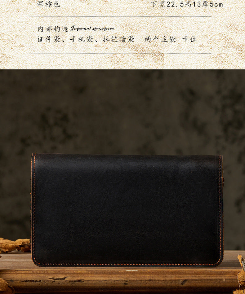 Men's Wallet Handcrafted Genuine Cowhide Leather Quality Crazy Horse Double Zipper Clutch Bag Casual Men's Wallet