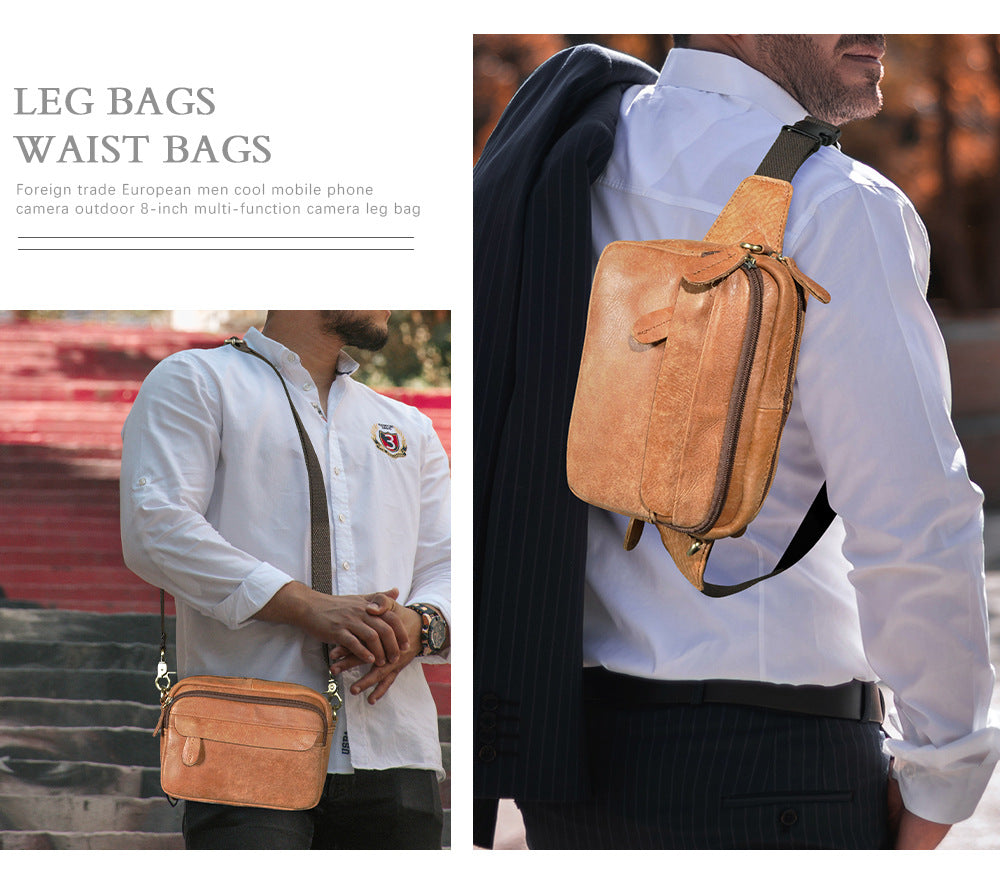 Men's Waist Pouch Cowhide Genuine Leather Simple Fashion Retro Outdoor Men's Bust Bag Shoulder Bag