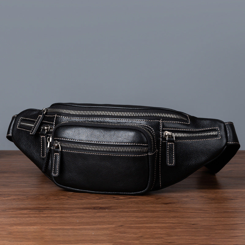 Men's Waist Pouch Genuine Cowhide Leather Retro Casual Bust Bag for Men