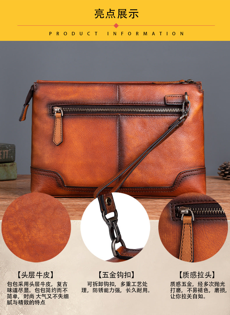 Men's clutch bag cowhide genuine leather casual retro male handbag