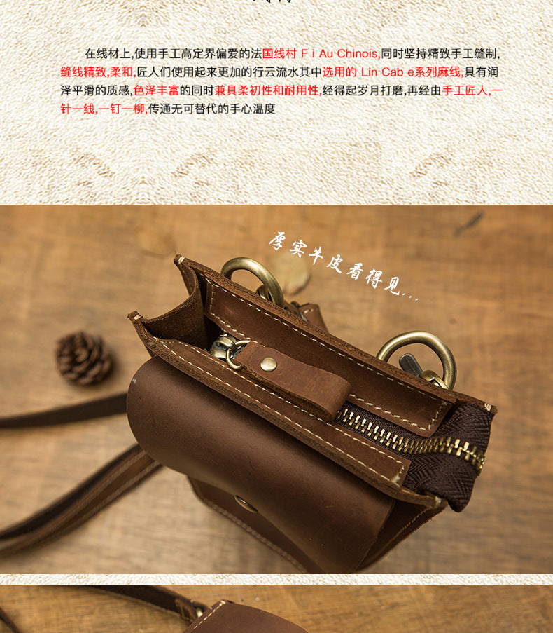 Men's Shoulder Bag Handmade Genuine Cowhide Leather Crazy Horse Men's Crossbody Bag Smartphone Pouch Waist Pouch