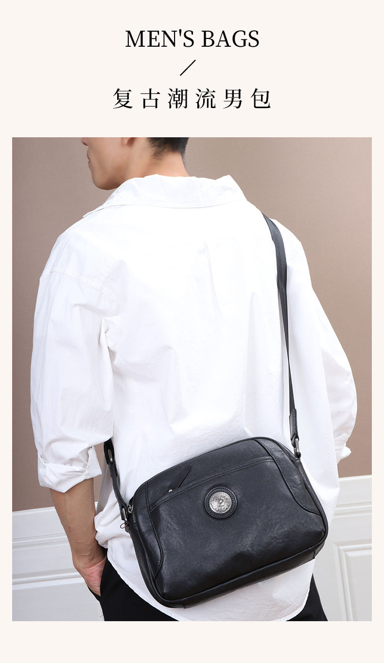 Men's Shoulder Bag Genuine Cowhide Leather Retro Casual Fashion Large Capacity Crossbody Bag for Men