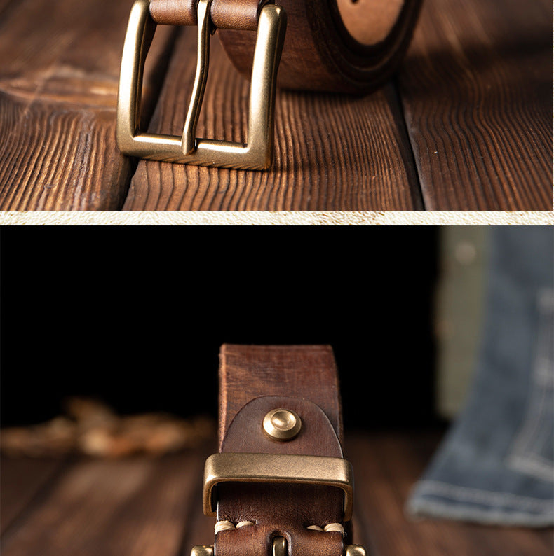 Men's Belt Genuine Cowhide Leather Casual Vintage Copper Needle Buckle Unique Men's Belt