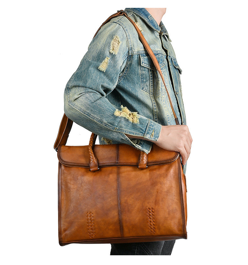 Men's briefcase genuine cowhide leather simple fashion retro casual business men's handbag computer bag