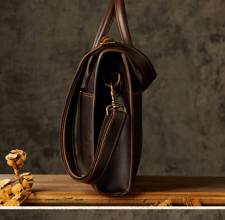 Men's Handbag Handbag Handmade Cowhide Genuine Leather Crazy Horse Crossbody Shoulder Bag Men's OL Business Casual Briefcase Computer Bag