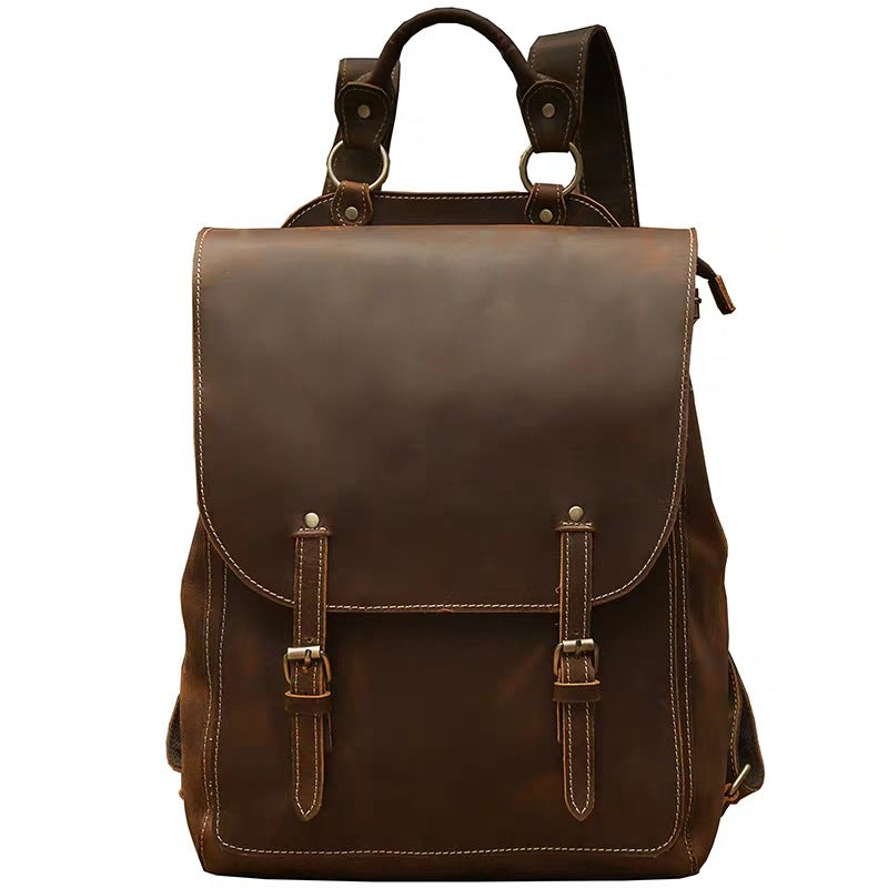 Men's Rucksack Genuine Cowhide Leather Handmade Korean Fashion Unique Travel Computer Bag for Men