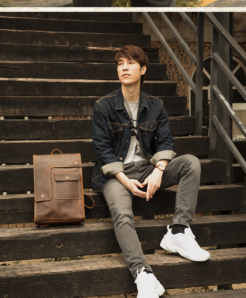 Men's Rucksack Cowhide Genuine Leather Handmade Unique Fashion Casual Travel Bag Computer Bag