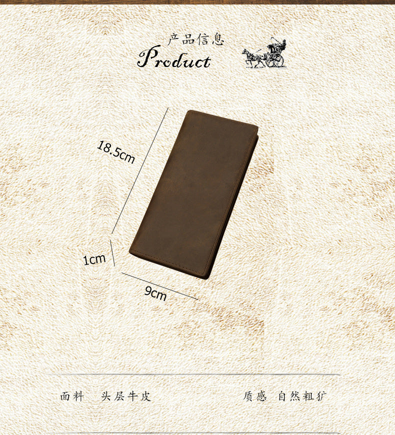 Men's long wallet, genuine cowhide leather, Crazy Horse, handmade, ultra-thin, bi-fold, card holder, simple, retro wallet for men