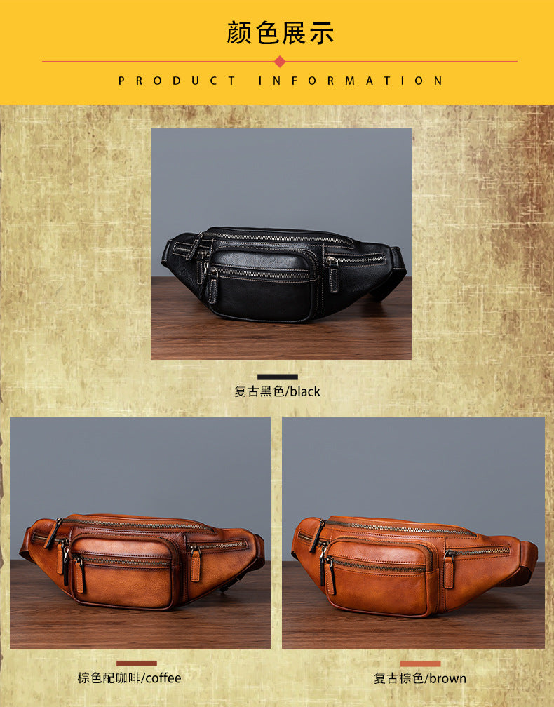 Men's Waist Pouch Genuine Cowhide Leather Retro Casual Bust Bag for Men