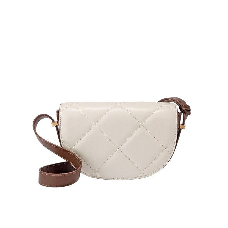 Cowhide women bag luxury plaid crossbody bag saddle bag genuine leather semicircle broadband shoulder bag.Pochette