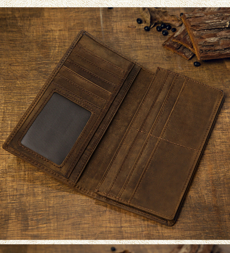 Men's long wallet, genuine cowhide leather, Crazy Horse, handmade, ultra-thin, bi-fold, card holder, simple, retro wallet for men