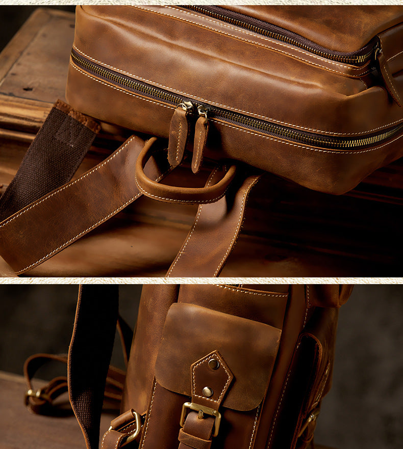 Men's Backpack Handmade Cowhide Genuine Leather Retro Crazy Horse Large Capacity Travel Bag Men's Computer Bag