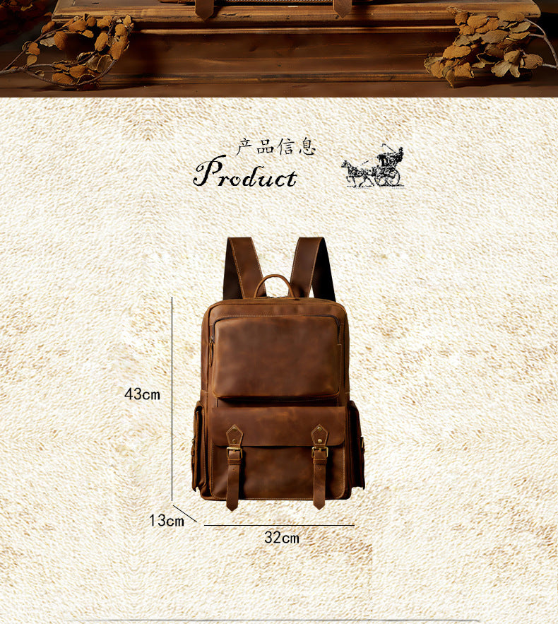 Men's Backpack Handmade Cowhide Genuine Leather Retro Crazy Horse Large Capacity Travel Bag Men's Computer Bag