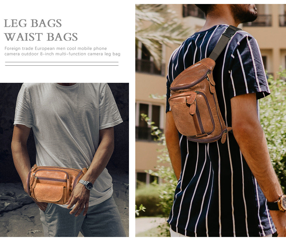 Men's waist pouch cowhide genuine leather fashion retro outdoor bust bag for men