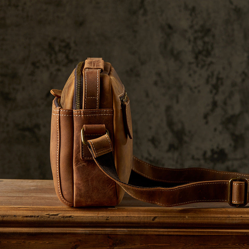 Men's Shoulder Bag Handmade Cow Leather Casual Simple Retro Zipper Crossbody Bag