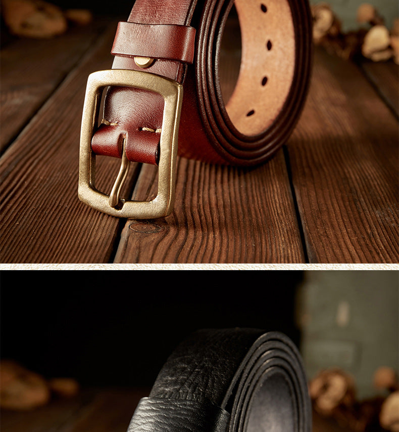 Men's Belt Original Handmade Retro Cowhide Genuine Leather Copper Needle Buckle Men's Belt