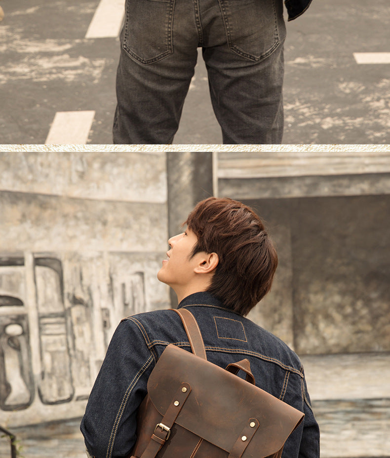 Men's Rucksack Korean Fashion Handmade Cowhide Genuine Leather Crazy Horse Outdoor Travel Bag Casual Computer Bag for Men