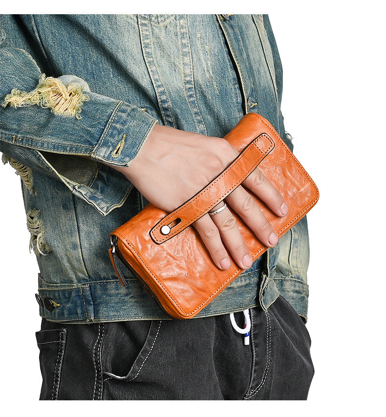 Men's Wallet Cowhide Genuine Leather Clutch Bag Mobile Phone Bag Retro Casual Men's Handbag