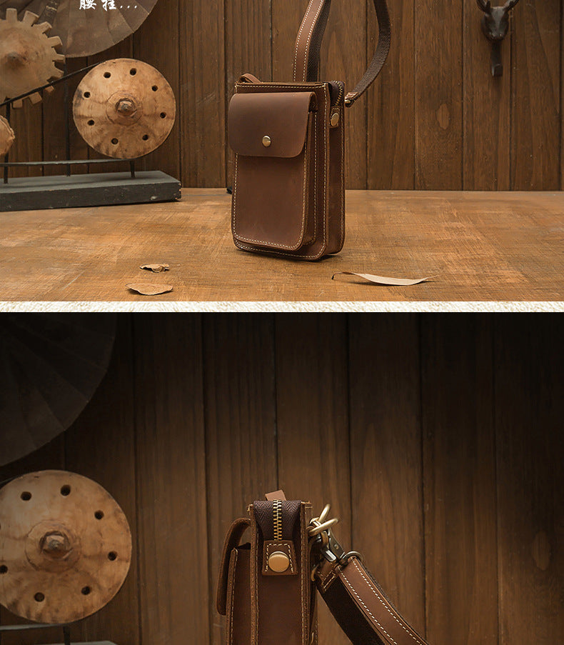 Men's Shoulder Bag Handmade Genuine Cowhide Leather Crazy Horse Men's Crossbody Bag Smartphone Pouch Waist Pouch