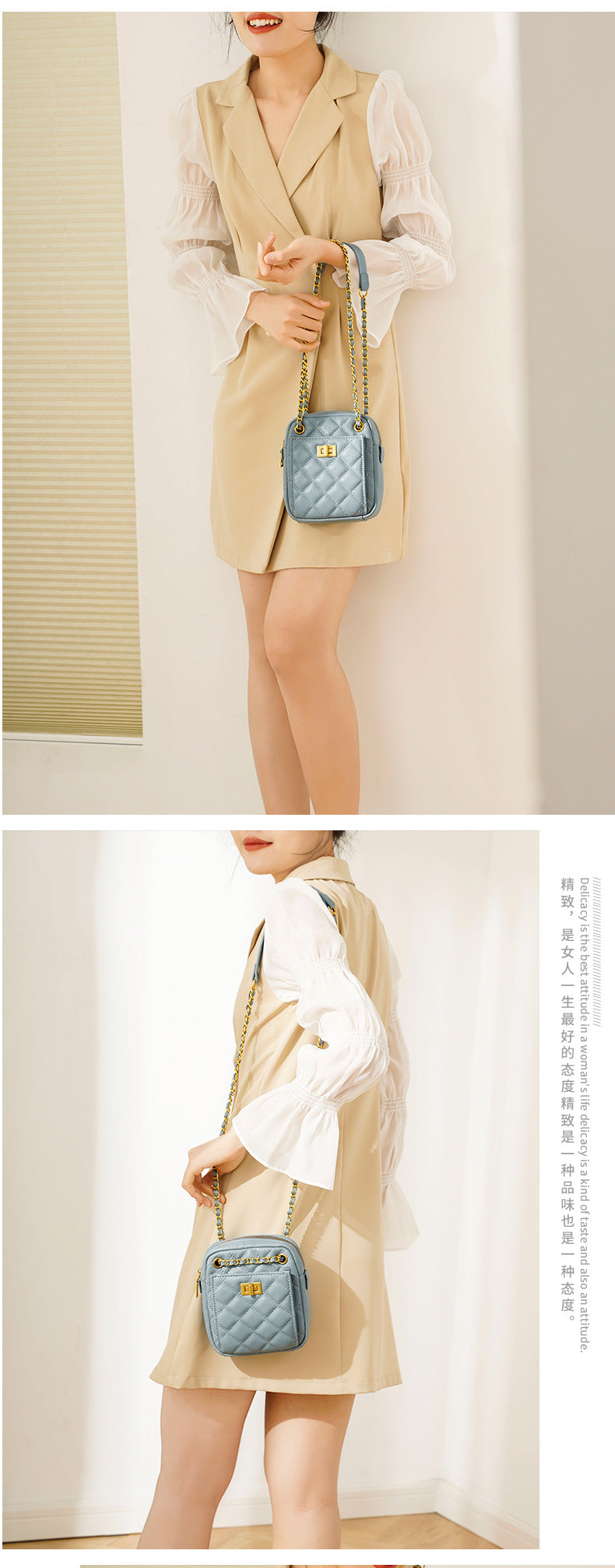 Genuine leather mobile bag ladies bag plaid mini pouch vertical fashion chain bag shoulder bag. pochette