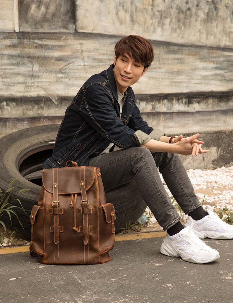 Men's Backpack, Original Handcrafted, Genuine Cowhide Leather, Retro Casual, Unisex, Travel Bag, Computer Bag