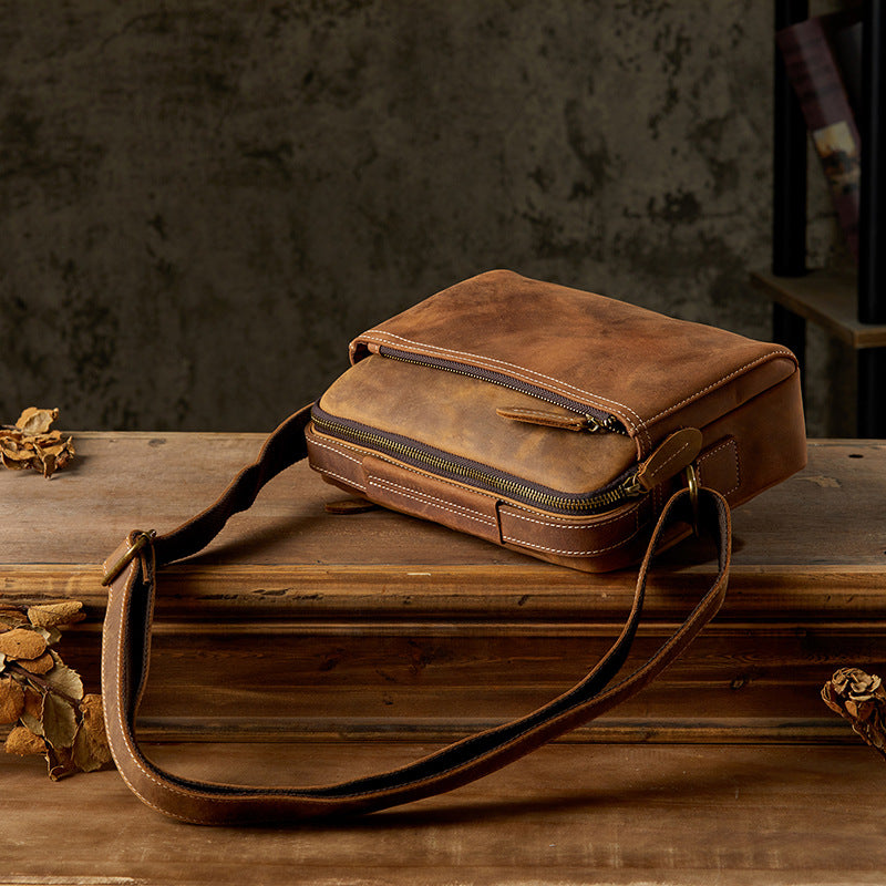 Men's Shoulder Bag Handmade Cow Leather Casual Simple Retro Zipper Crossbody Bag