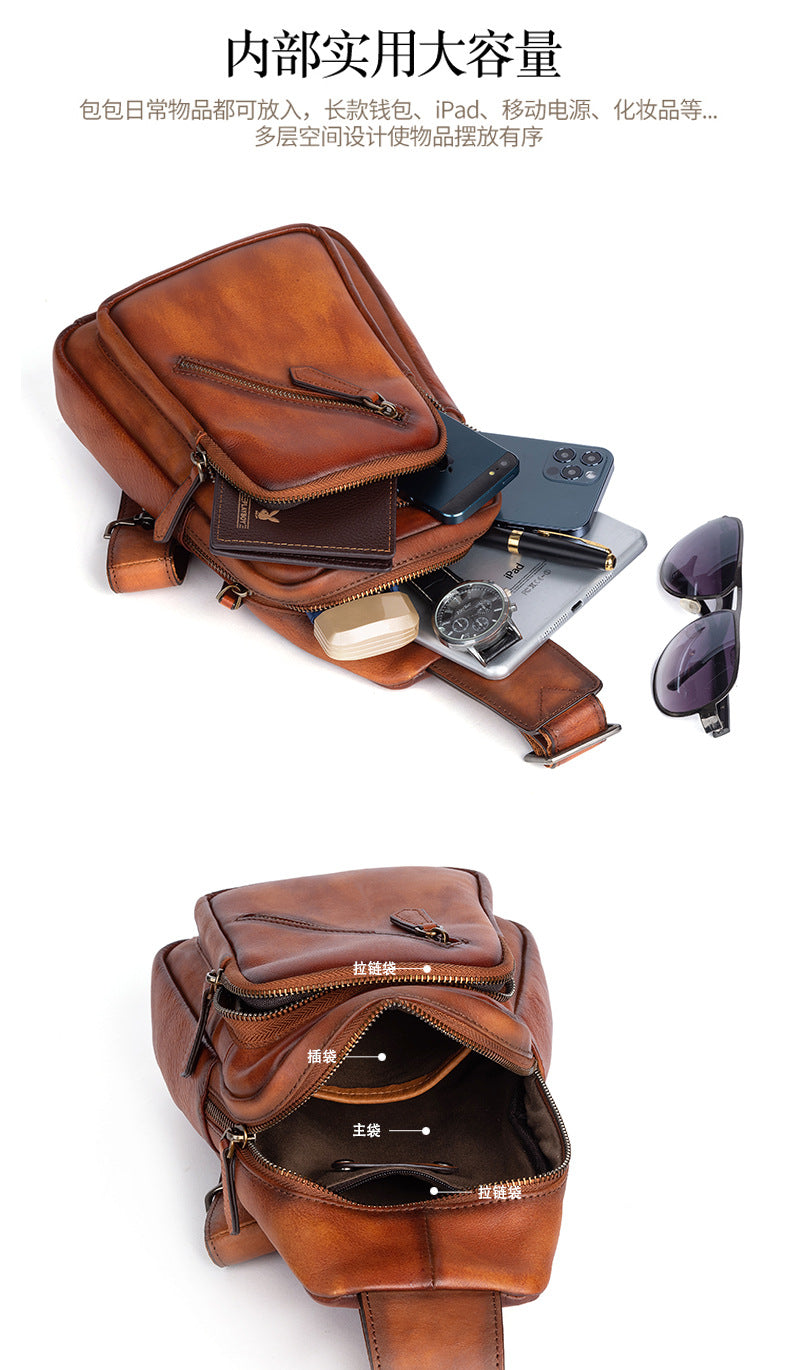 Men's Crossbody Bag Genuine Cowhide Leather Retro Casual Men's Bust Bag