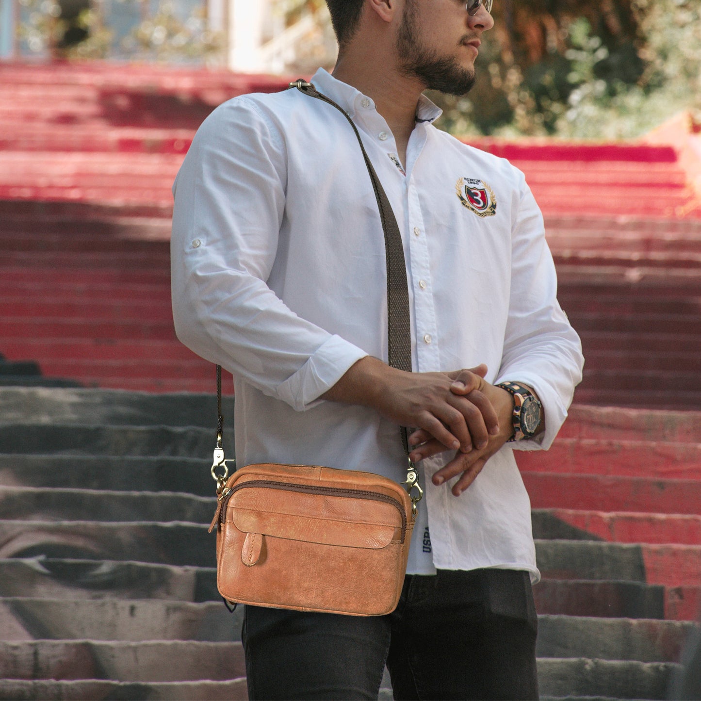 Men's Waist Pouch Cowhide Genuine Leather Simple Fashion Retro Outdoor Men's Bust Bag Shoulder Bag