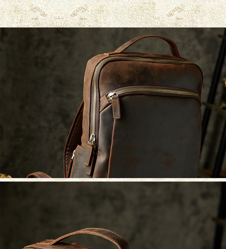 Men's Rucksack Genuine Cowhide Leather Handmade Casual Large Capacity Men's Business Bag Travel Bag