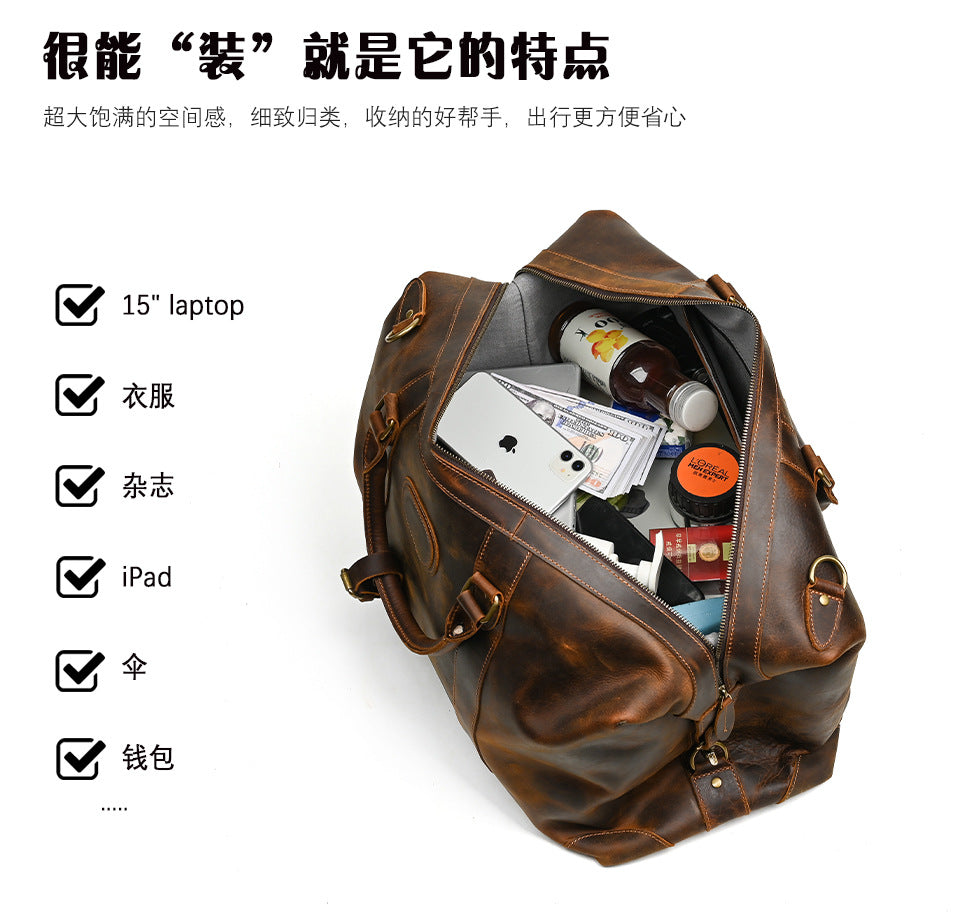 Men's Handbag Genuine Cowhide Luggage Bag Retro Casual Large Capacity Business Travel Bag for Men