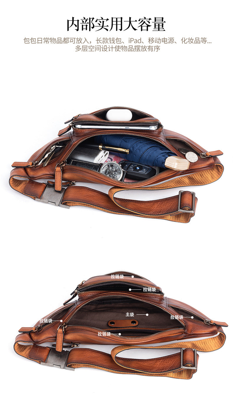 Men's Waist Pouch Genuine Cowhide Leather Retro Casual Bust Bag for Men