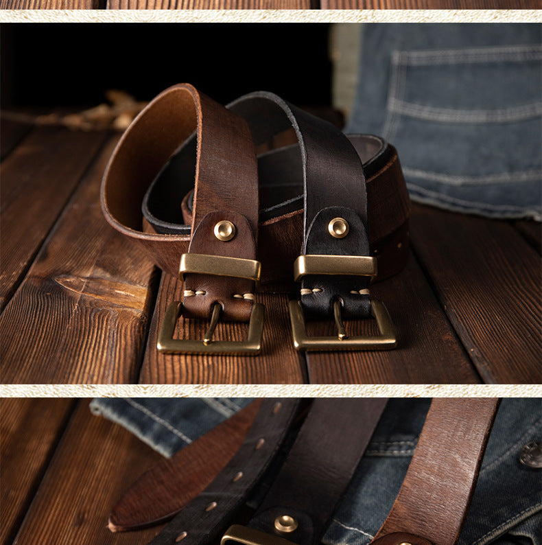 Men's Belt Genuine Cowhide Leather Casual Vintage Copper Needle Buckle Unique Men's Belt