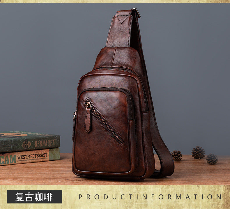 Men's Crossbody Bag Genuine Cowhide Leather Retro Casual Men's Bust Bag
