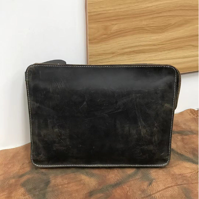 Men's Briefcase Retro Cowhide Genuine Leather Crazy Horse Commuting Simple Crossbody Bag for Men