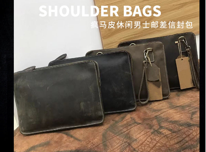 Men's Briefcase Retro Cowhide Genuine Leather Crazy Horse Commuting Simple Crossbody Bag for Men