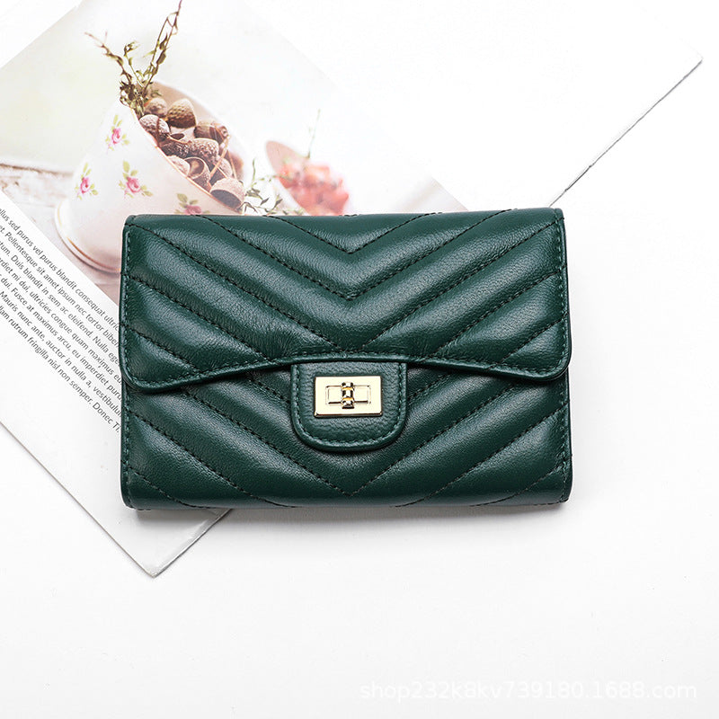 Sheep leather women's wallet stylish tri-fold wallet simple V size check coin purse high quality