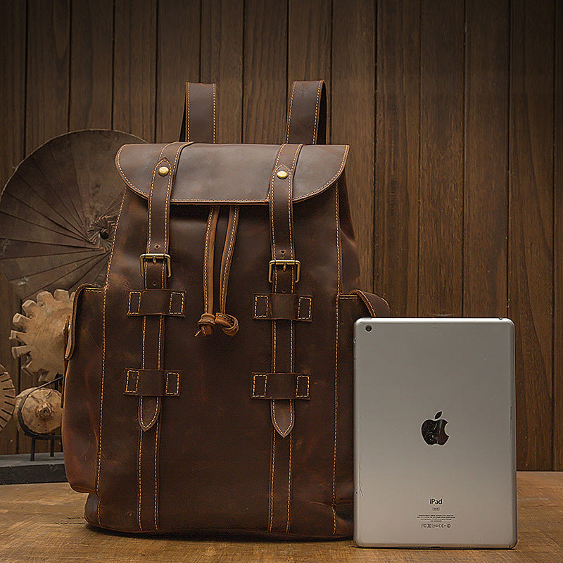 Men's Backpack, Original Handcrafted, Genuine Cowhide Leather, Retro Casual, Unisex, Travel Bag, Computer Bag