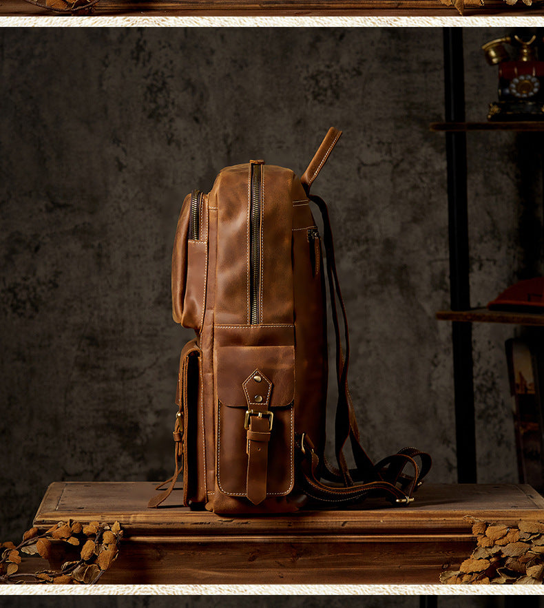 Men's Backpack Handmade Cowhide Genuine Leather Retro Crazy Horse Large Capacity Travel Bag Men's Computer Bag