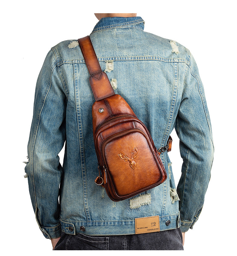 Men's bust bag Genuine cowhide leather retro casual crossbody bag for men