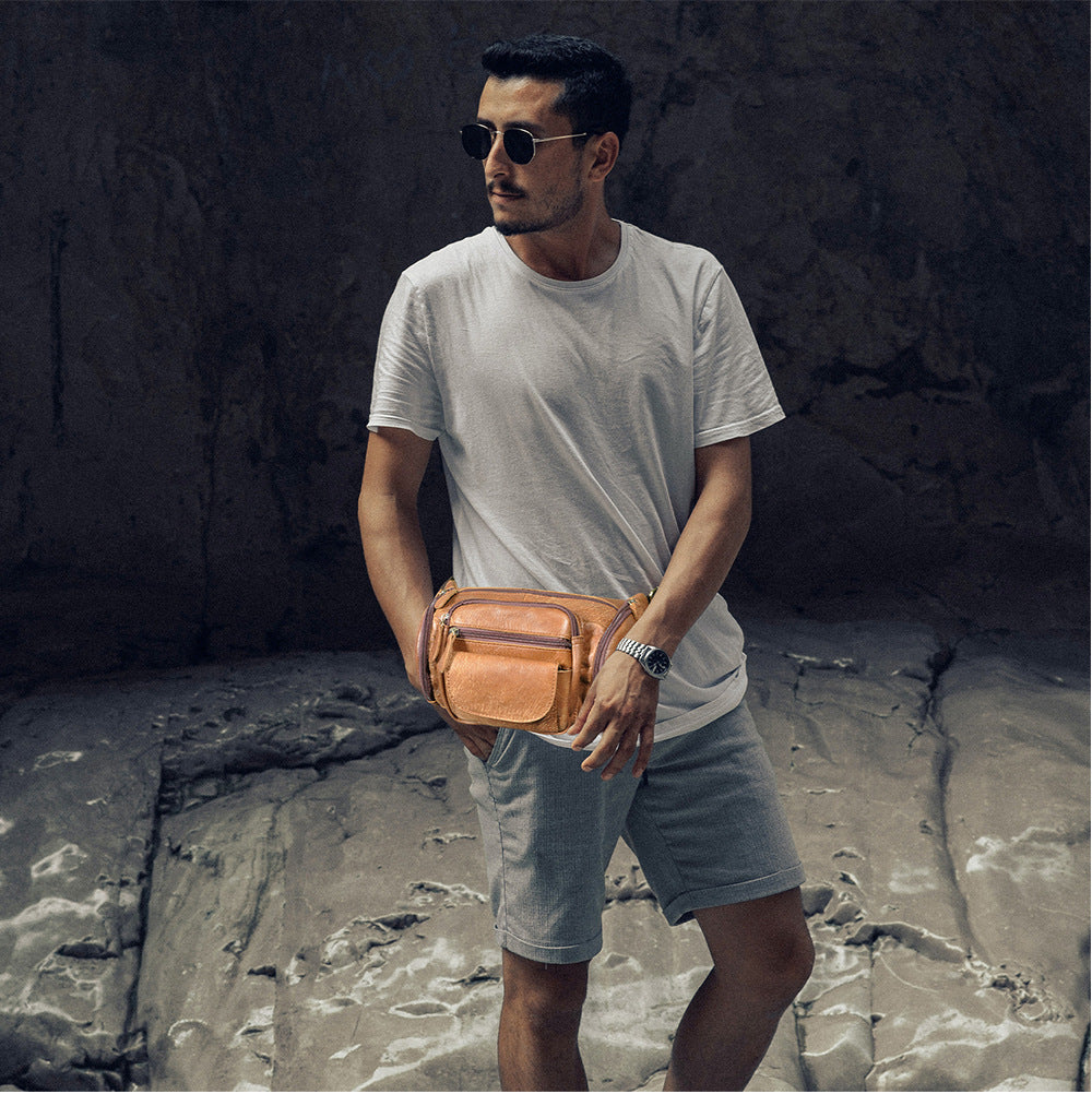Men's waist pouch cowhide genuine leather fashion retro outdoor bust bag for men