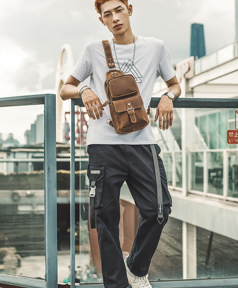 Men's Bust Bag Handmade Genuine Cowhide Leather Crazy Horse Retro Fashion Casual Crossbody Bag Shoulder Bag