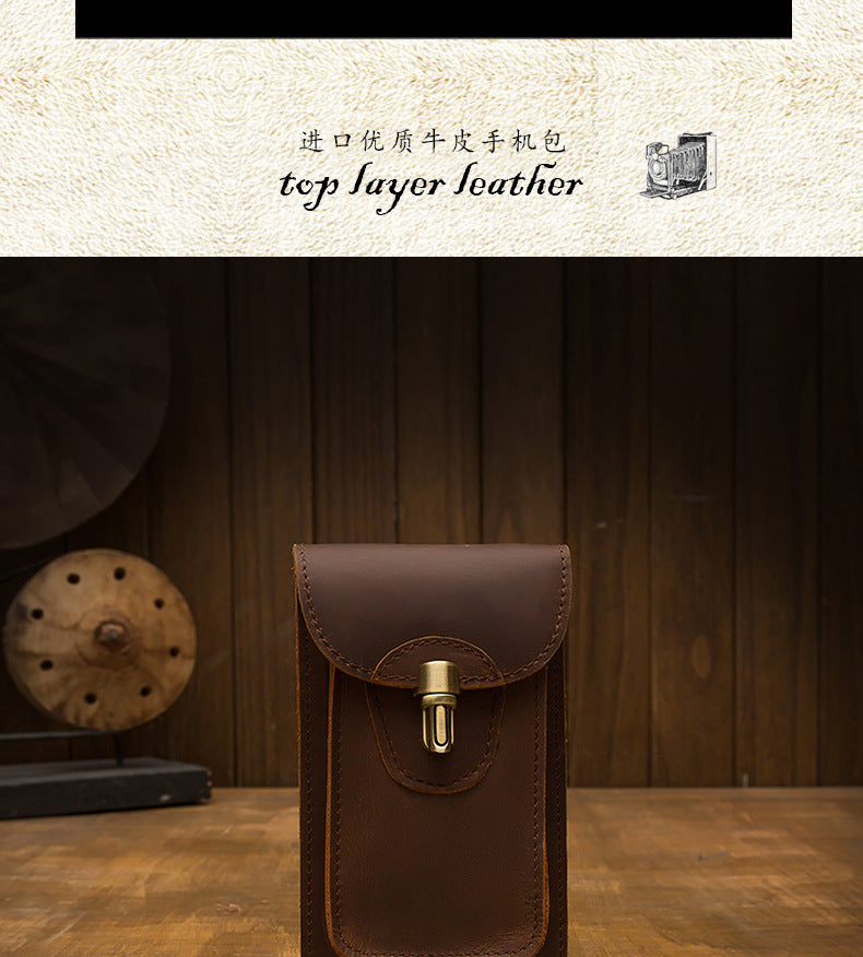 Men's Smartphone Pouch Waist Pouch Handmade Cow Leather Crazy Horse High Quality Men's Mini Bag Mobile Phone Bag