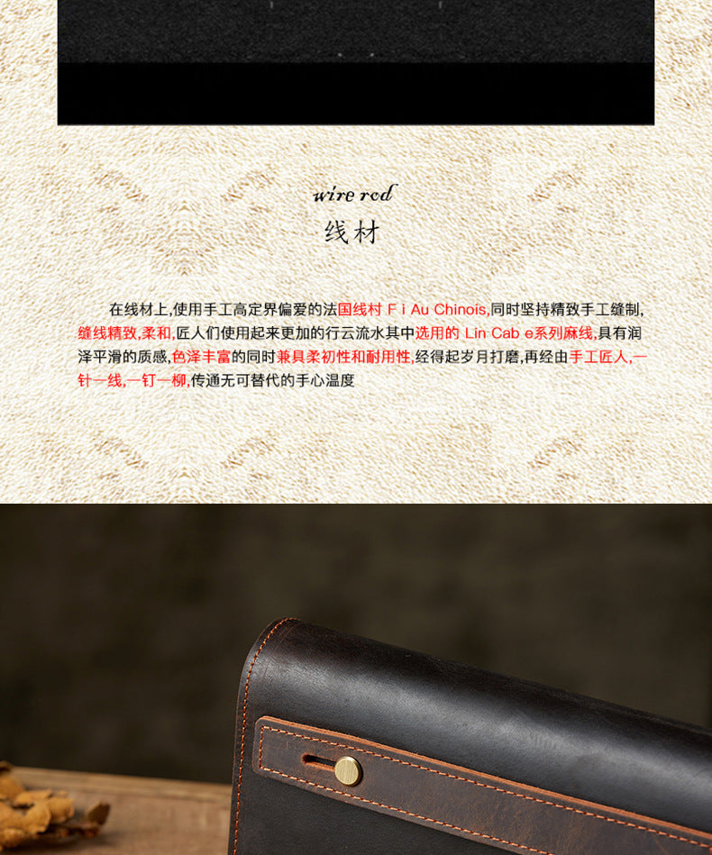 Men's Wallet Handcrafted Genuine Cowhide Leather Quality Crazy Horse Double Zipper Clutch Bag Casual Men's Wallet