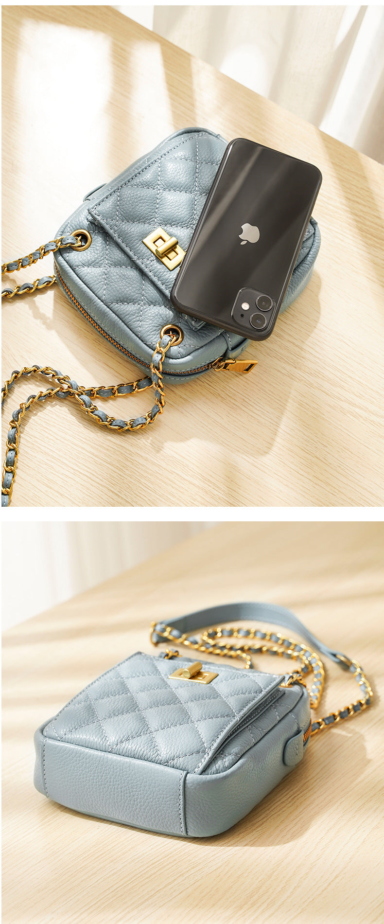 Genuine leather mobile bag ladies bag plaid mini pouch vertical fashion chain bag shoulder bag. pochette