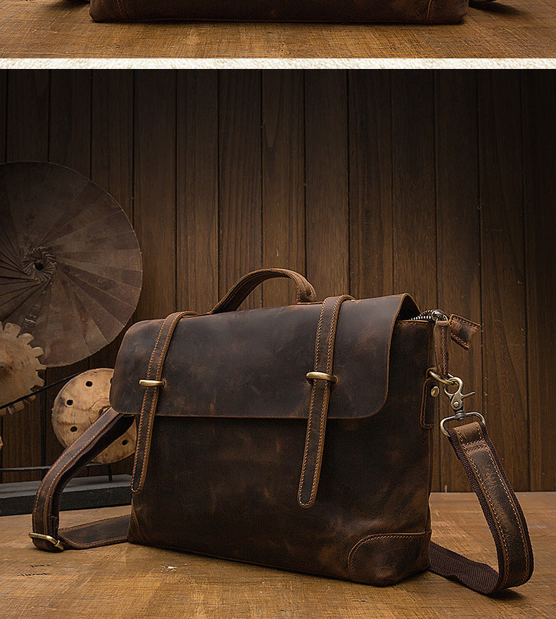 Men's Messenger Bag Handmade Genuine Cowhide Leather Crazy Horse Retro Handbag Handbag Men's Briefcase Crossbody Shoulder Bag