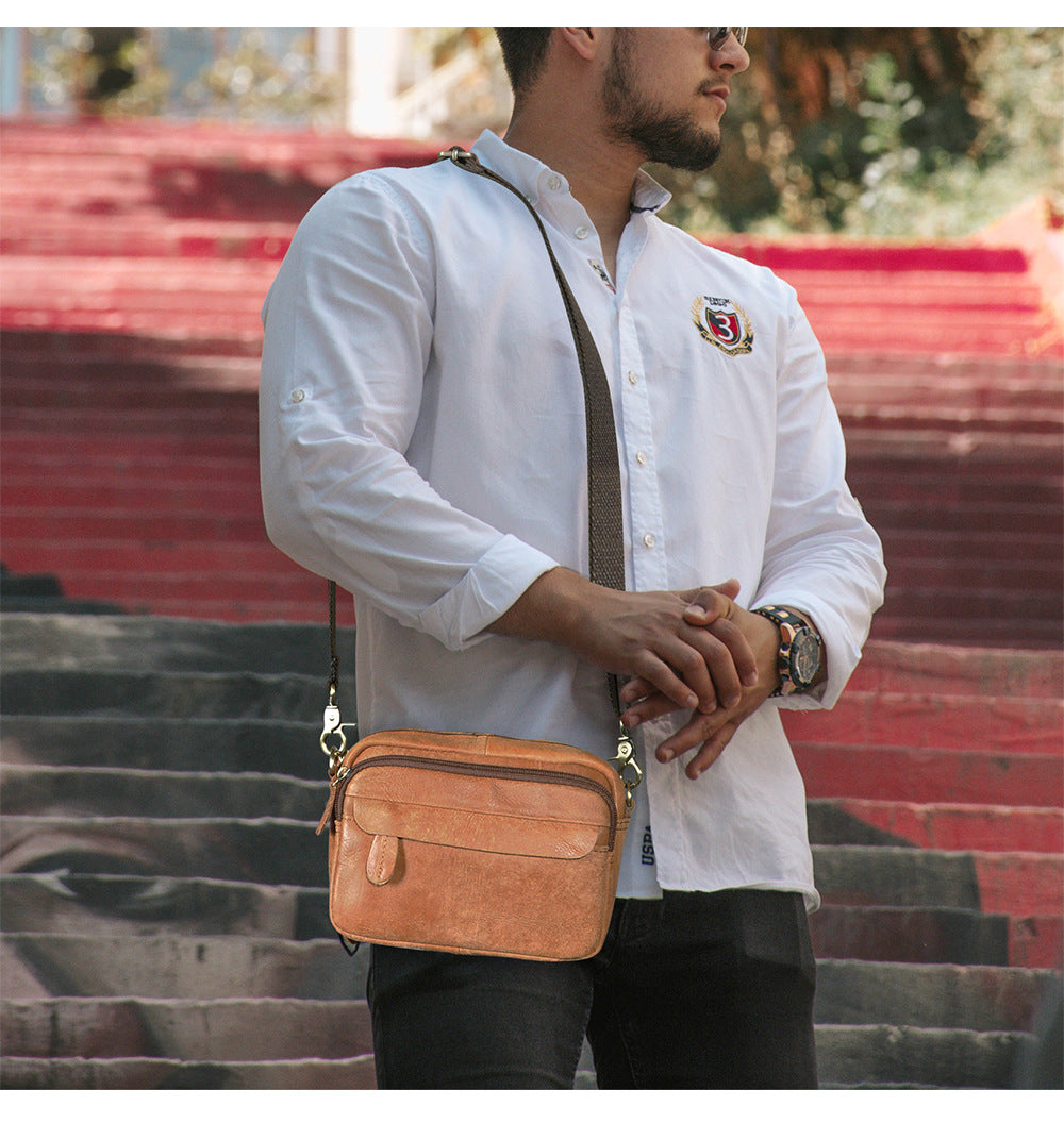 Men's Waist Pouch Cowhide Genuine Leather Simple Fashion Retro Outdoor Men's Bust Bag Shoulder Bag